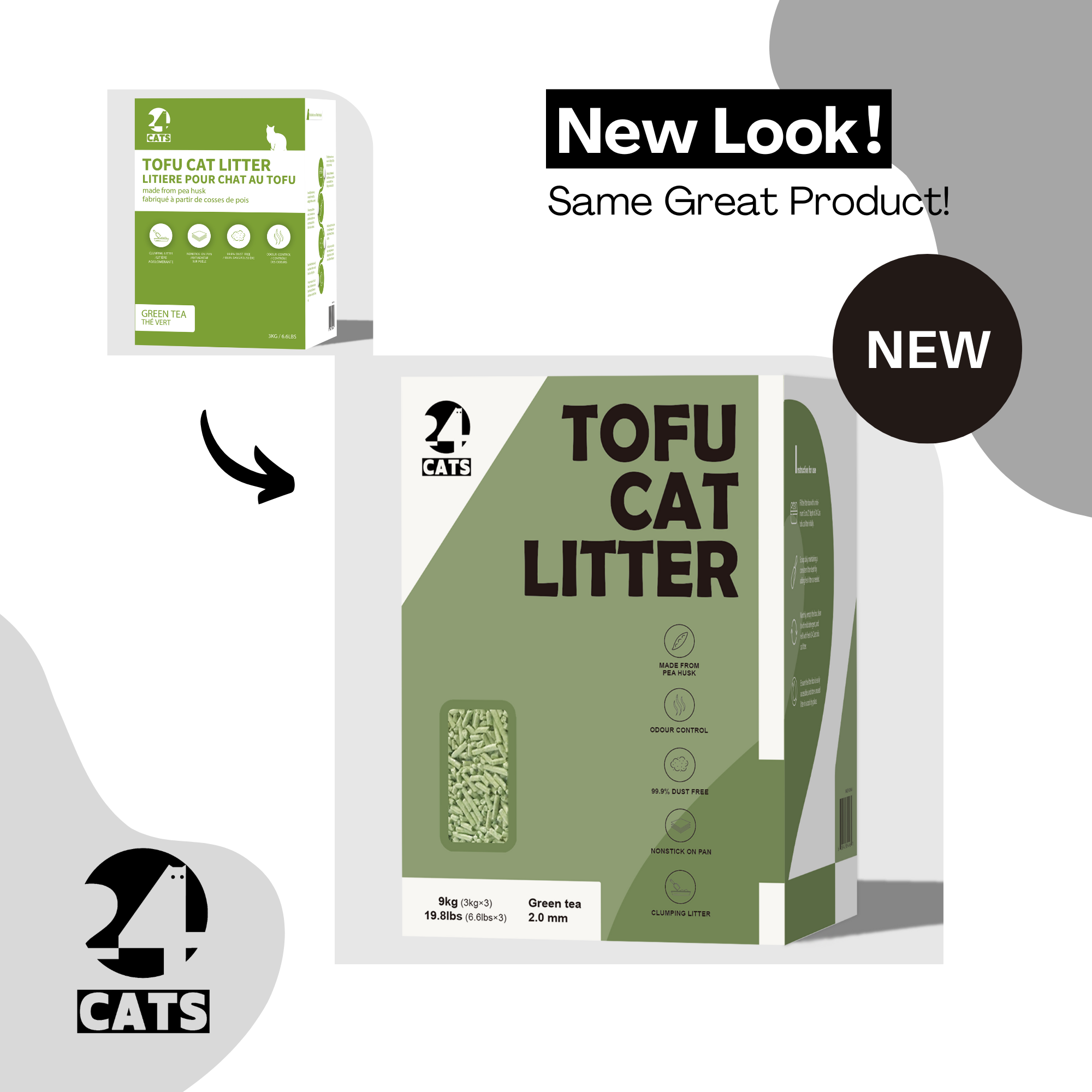 24 CATS Pea Husks Natural Tofu Cat Litter 9KG/19.8lbs - Green Tea/Quick Clumping, Odor Control & Dust Free