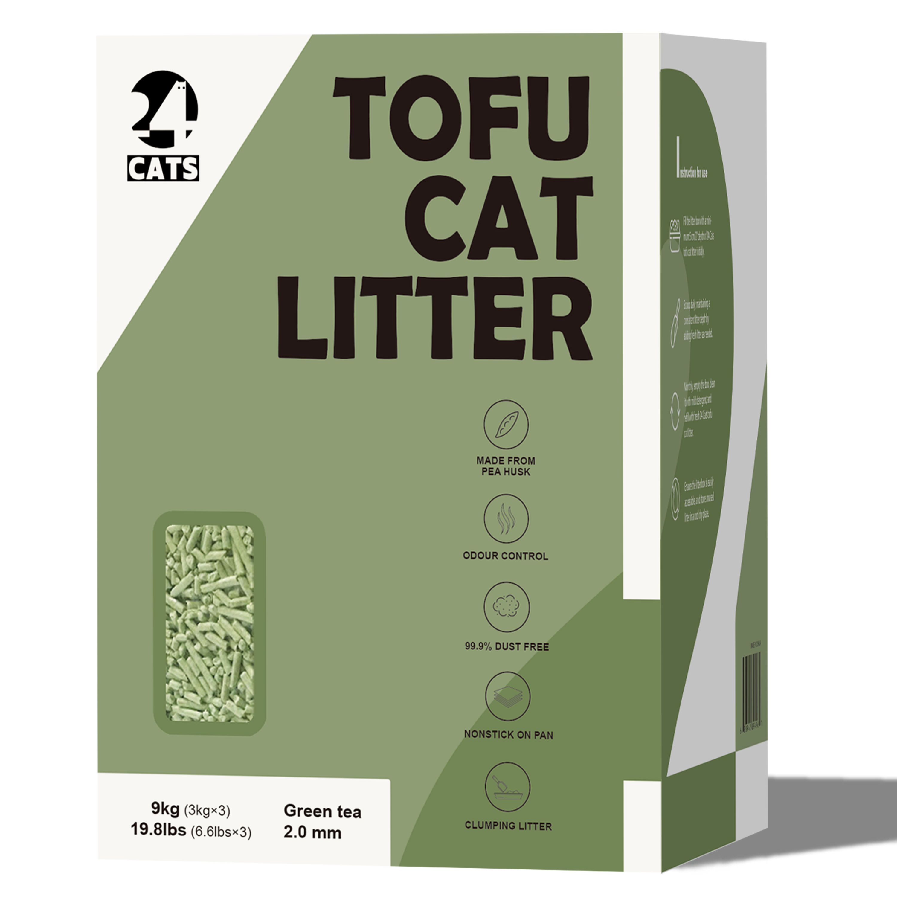 24 CATS Pea Husks Natural Tofu Cat Litter 9KG/19.8lbs - Green Tea/Quick Clumping, Odor Control & Dust Free